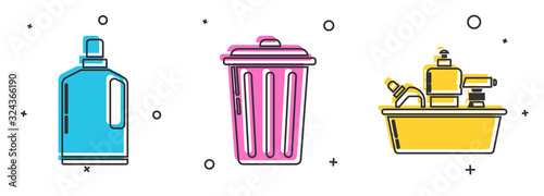 Set Plastic bottles for liquid dishwashing liquid, Trash can and Plastic bottles for liquid dishwashing liquid icon. Vector