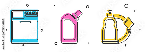 Set Washer , Plastic bottles for liquid dishwashing liquid and Plastic bottles for liquid dishwashing liquid icon. Vector