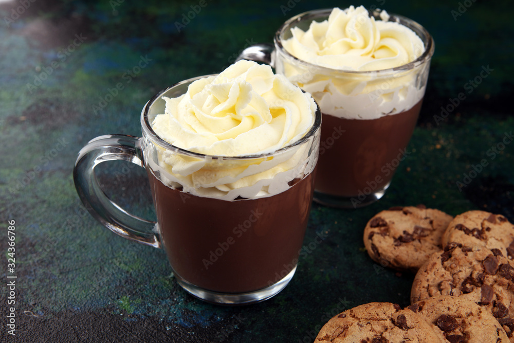hot chocolate with cocoa and chocolate chip cookies and whipped cream