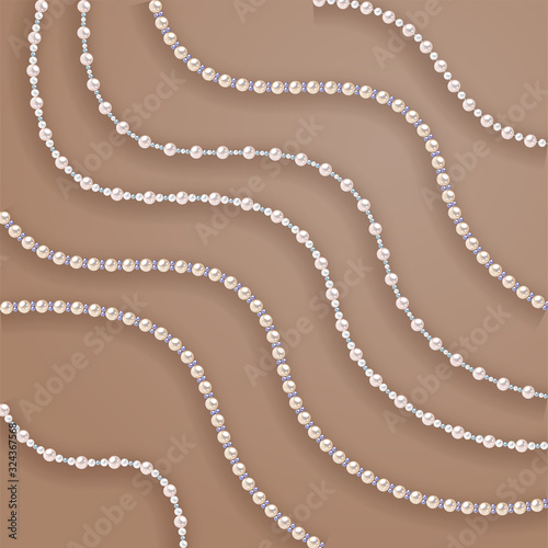 Pearl wavy strings on biege background. Vector design for decoration, wedding invitation or greeting cards, banners.
