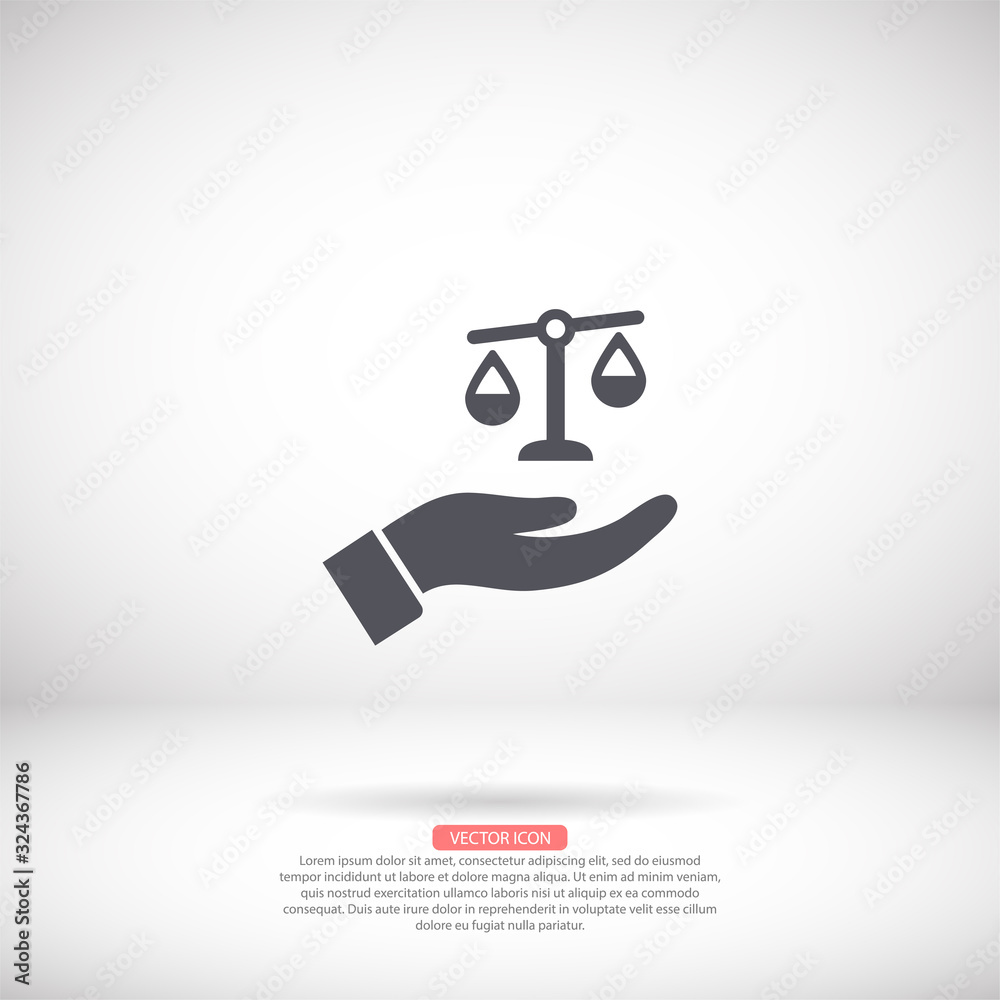 scales in his hand icon , lorem ipsum Flat design scales in his hand icon , lorem ipsum Flat design