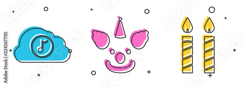 Set Music streaming service , Clown head and Birthday cake candles icon. Vector