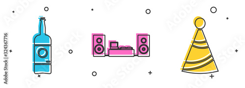 Set Beer bottle , Home stereo with two speakers and Party hat icon. Vector