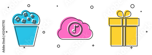 Set Popcorn in cardboard box , Music streaming service and Gift box icon. Vector