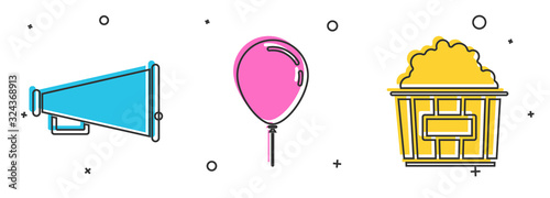 Set Megaphone , Balloon with ribbon and Popcorn in cardboard box icon. Vector