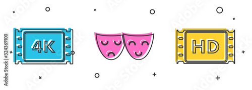 Set 4k movie, tape, frame , Comedy and tragedy theatrical masks and 4k movie, tape, frame icon. Vector