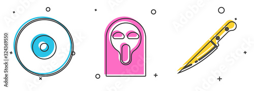 Set CD or DVD disk , Funny and scary ghost mask and Knife icon. Vector