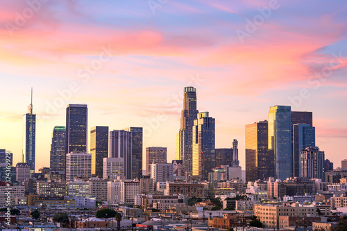 Downtown Los Angeles skyline at sunset