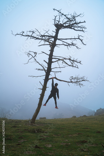 Young man hanging from a leaning tree on a foggy day in Basque Country coast