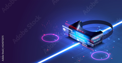 Virtual or augmented reality concept in isometric illustration. VR helmet in futuristic style. Creative futuristic concept. Modern template for web and print. Future concept illustration. Technology