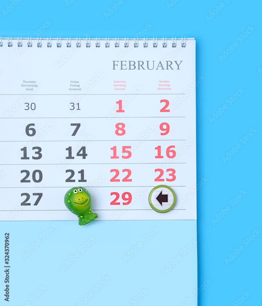 Happy Leap day. Calendar with marking in red pin of 29 february date