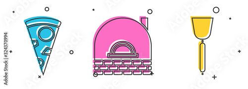 Set Slice of pizza , Brick stove and Spatula icon. Vector