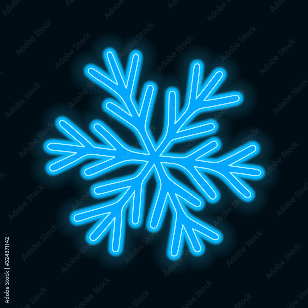 Neon snowflake blue on a dark background. Beautiful glow. Symbol of winter and cold. Neon snowflake blue on a dark background. Beautiful glow. Symbol of winter and cold.