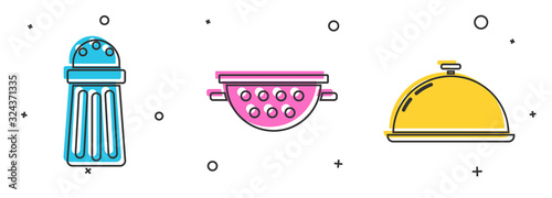 Set Salt , Kitchen colander and Covered with a tray of food icon. Vector