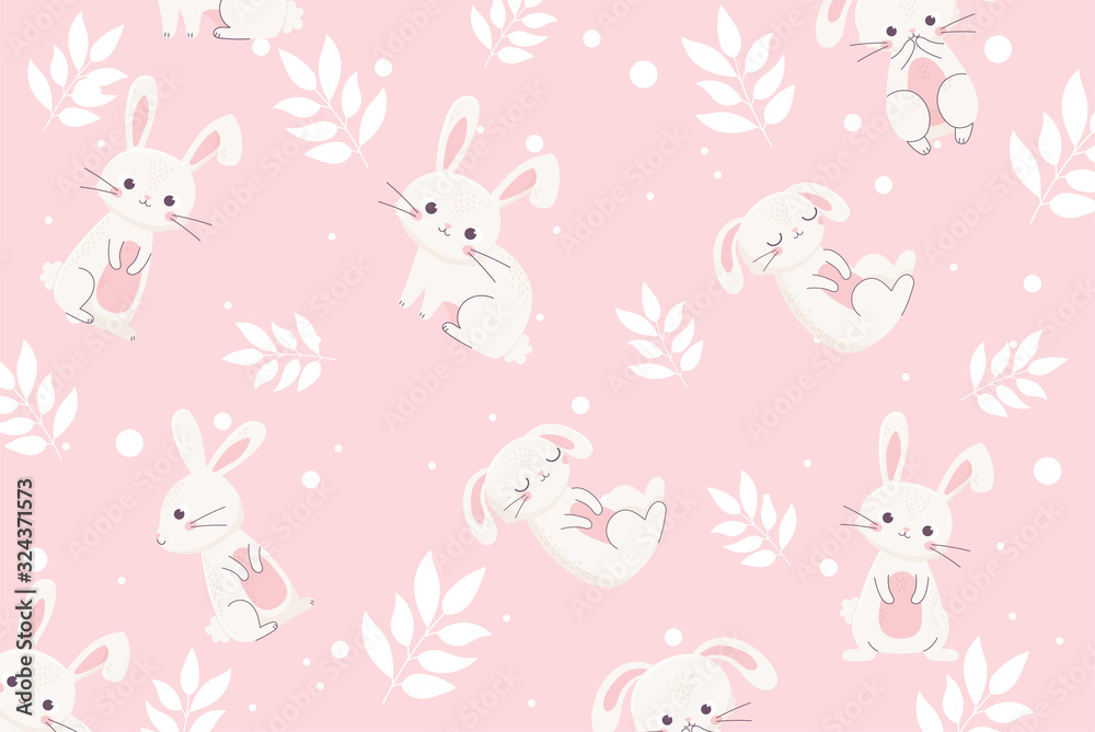 happy easter day white bunnies floral decoration banner pink background