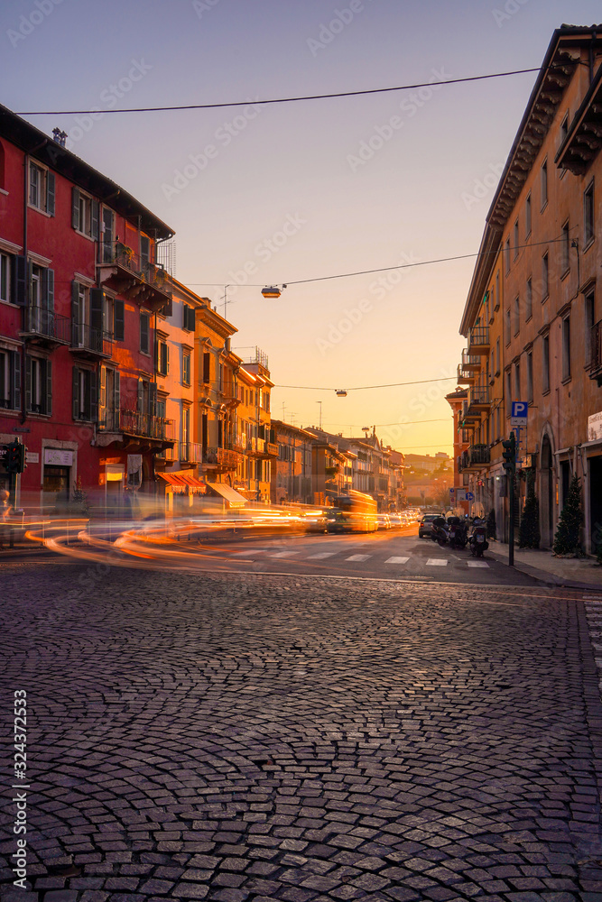Street in downtown of Verona, italiy, sunrise