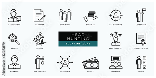 Headhunting and Recruiting set - minimal thin outline, web icon and symbol collection – recruitment, skills, leadership, key employee, career, education. Simple edgy vector illustration.