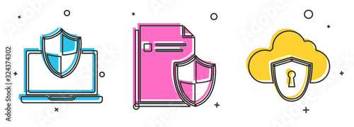 Set Laptop protected with shield, Document protection concept and Cloud and shield icon. Vector