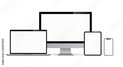 Realistic set of computer monitors desktop laptop tablet and phone illustration vector illustrator Ai EPS