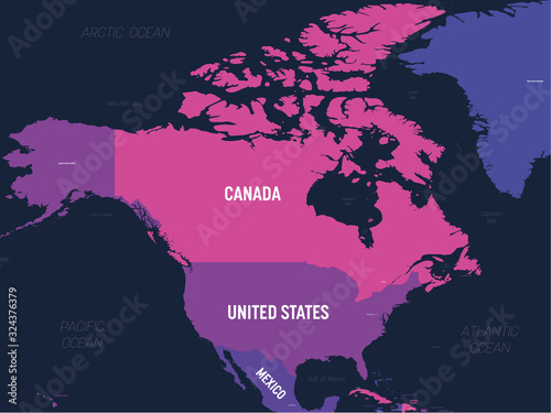 North America map. High detailed political map North American continent with country, capital, ocean and sea names labeling