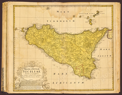 Fotografie, Obraz A restored reproduction of an atlas map of the island of Sicily by cartographer Johann Baptist Hofman, circa 1747