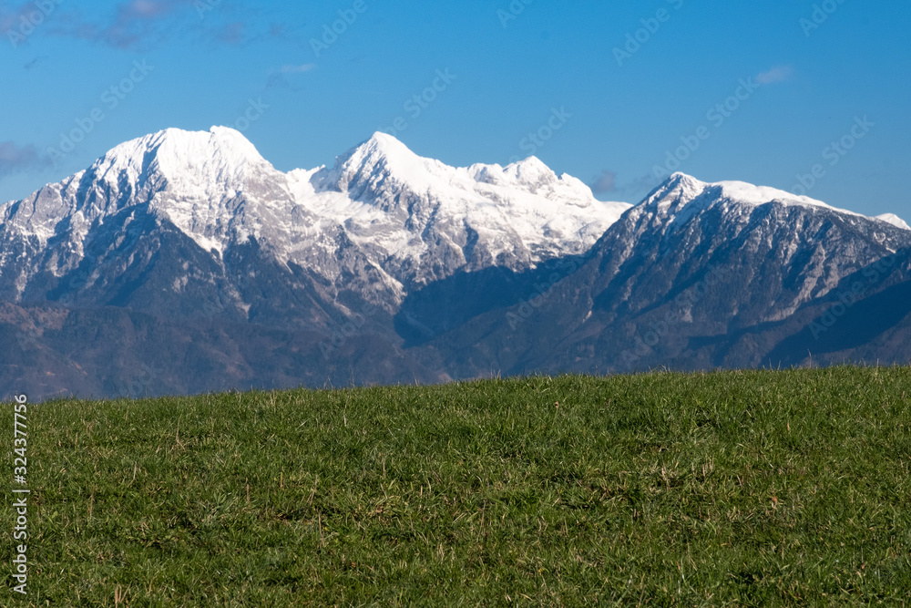 Beautiful view from green grassland towards white Kamnik alps in Slovenia