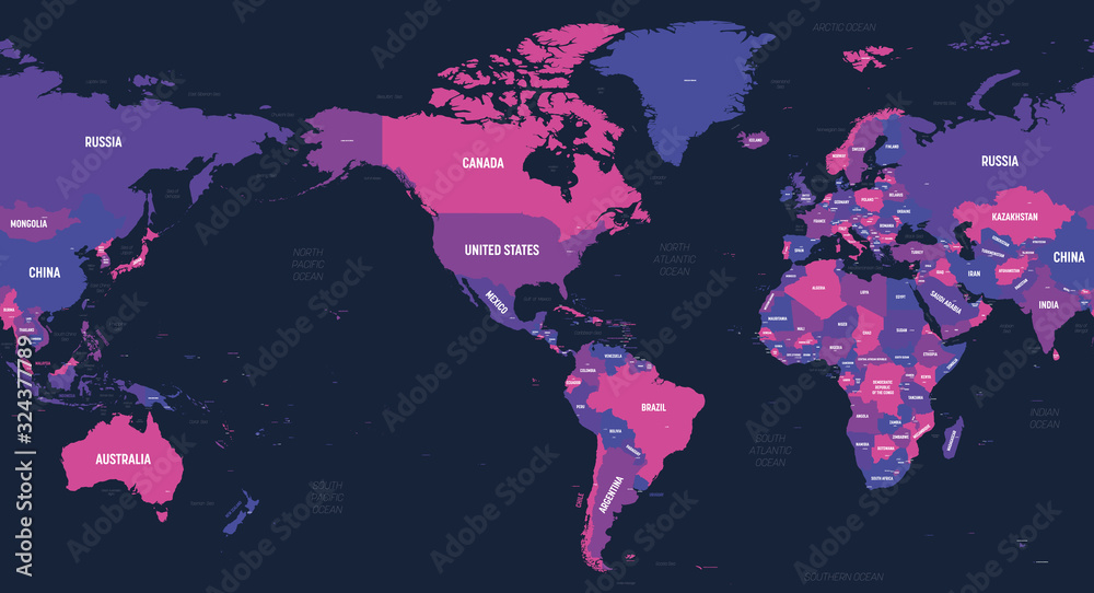 World map America centered. High detailed political map of World with