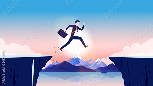 Business obstacle - Businessman taking risk, jumping over gap with open landscape and sunlight in background. Challenge, risk and reward concept. Vector illustration. © Knut