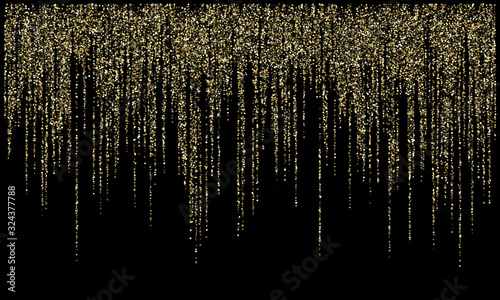 Garland lights gold glitter hanging vertical lines vector holiday background.