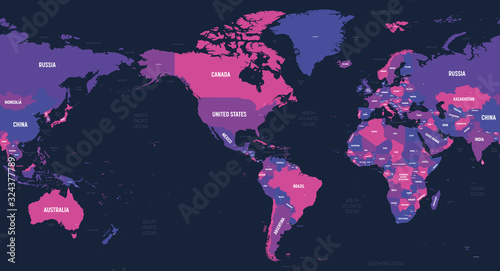 World map - America centered. High detailed political map of World with country, capital, ocean and sea names labeling