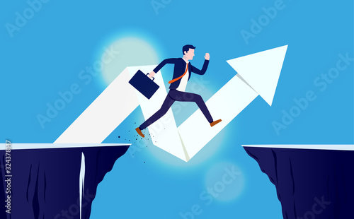 Risk and reward - Business man jumping from cliff over obstacle to reach success. Arrow pointing upwards in background. Overcome fear, unstoppable employee, great ambitions concept. Vector.