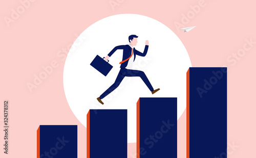 Career progress. Successful businessman with briefcase running up a rising graph. Financial success, career development, promotion and hard work pays off concept