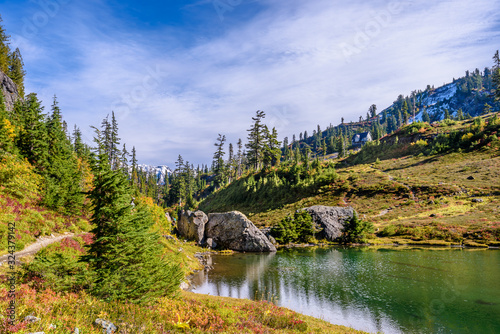 Beautiful Mountain Lake at the Bagley Lake Trail Park. Mount Baker, Washington, USA. © karamysh