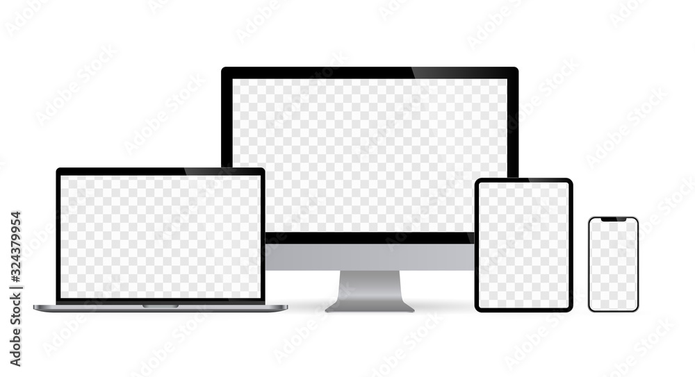 Realistic set of computer monitors desktop laptop tablet and phone with checkerboard screen and white background V4. Isolated illustration vector illustrator Ai EPS Realistic set of computer monitors desktop laptop tablet and phone with checkerboard screen and white background V4. Isolated illustration vector illustrator Ai EPS