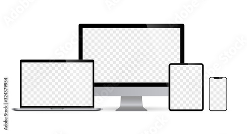 Realistic set of computer monitors desktop laptop tablet and phone with checkerboard screen and white background V4. Isolated illustration vector illustrator Ai EPS	 photo