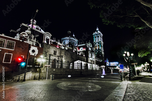 Cathedral Puebla Mexico at night Mexican Colonial City