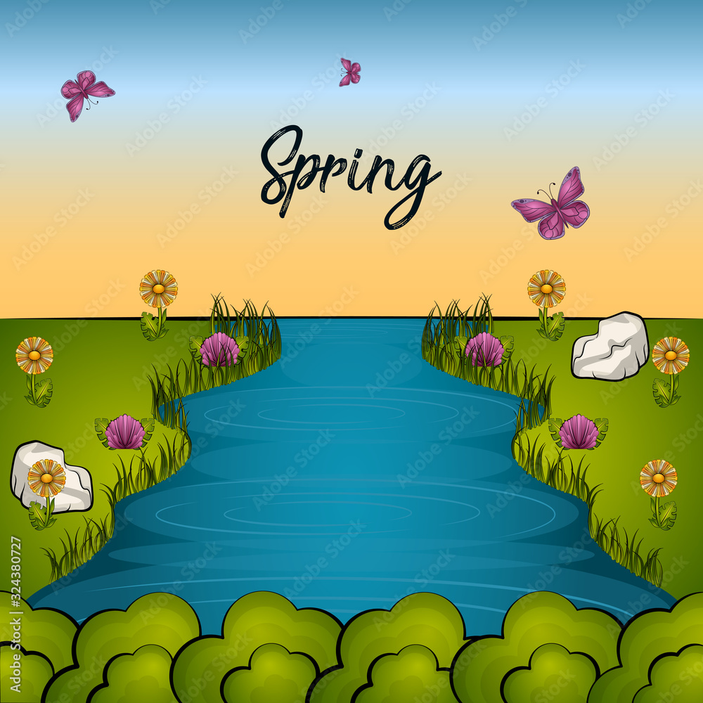 Obraz premium Beautiful spring landscape cartoon
