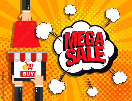 Mega sale banner. Vector background in in pop art style. Vector illustration