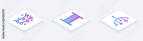Set Isometric line Carnival garland with flags, Baby crib cradle bed and Baby crib hanging toys. White square button. Vector