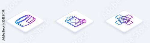Set Isometric line Canned food, Clipboard with medical clinical record pet and Veterinary clinic symbol. White square button. Vector