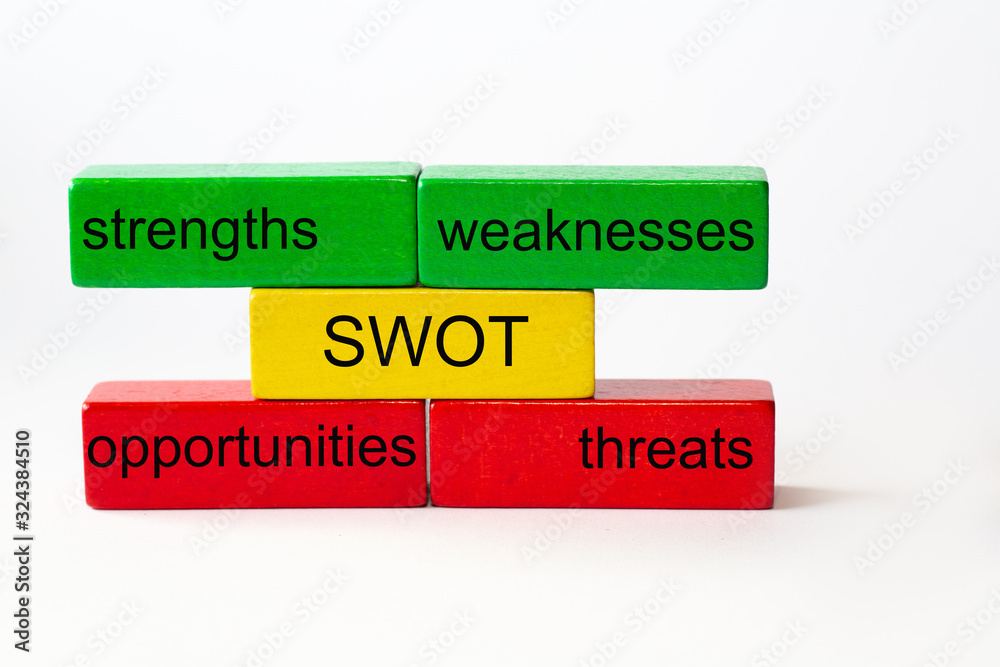 The letters SWOT stand for strengths, weaknesses, opportunities and threats. These words are written in black  on red, yellow and green blocks