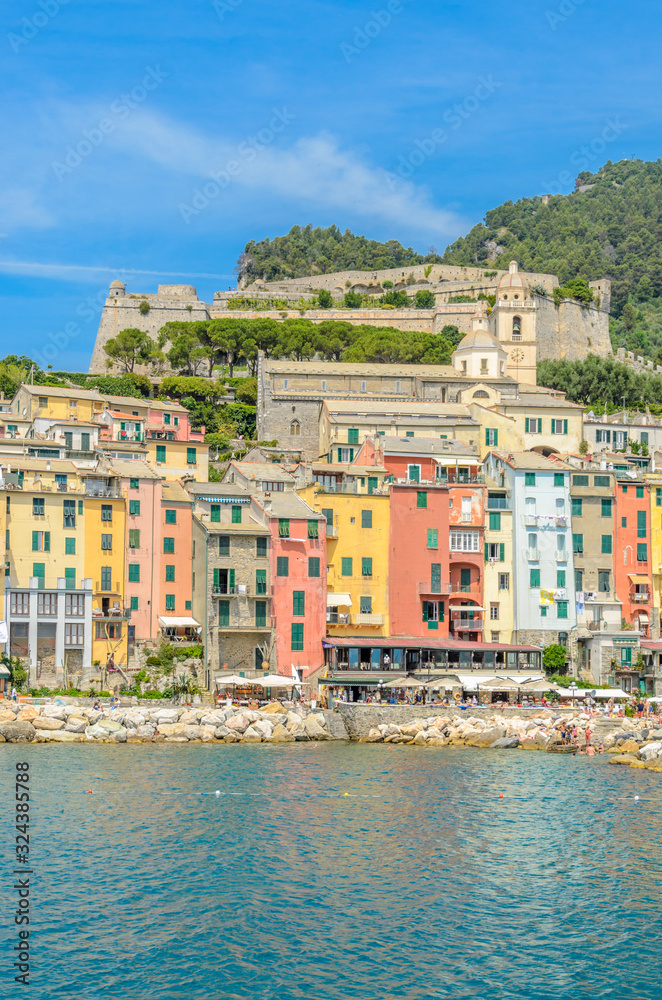 Portovenere in Cinque Terre, Italy, view at the town from mountain trail