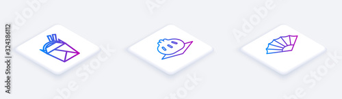 Set Isometric line Asian noodles in paper box and chopsticks, Khinkali on cutting board and Paper chinese or japanese folding fan. White square button. Vector