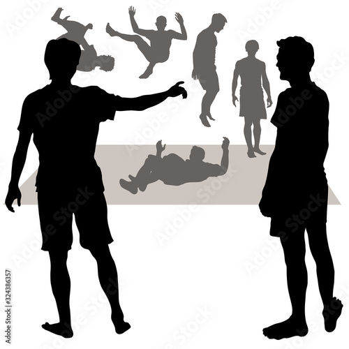 Vector 7 silhouettes of men barefoot in the gym, exercise, jump, somersault, somersault in the air, communication, conversation, hand, finger. Lies, stands sideways, rear view. Jumping on a trampoline