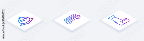 Set Isometric line Khinkali on cutting board, Sushi on cutting board and Traditional Japanese tea ceremony. White square button. Vector