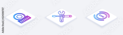 Set Isometric line Car wheel, Screwdriver and wrench tools and Brake system warning. White square button. Vector