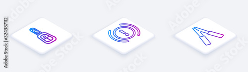 Set Isometric line Car key with remote, Brake system warning and Car battery jumper power cable. White square button. Vector