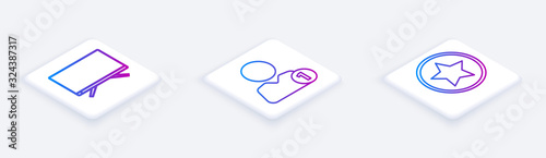 Set Isometric line Smart Tv, Add to friend and Star. White square button. Vector