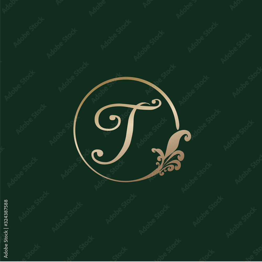 Letter T Decorative Alphabet Logo isolated on green Background. Luxury ...