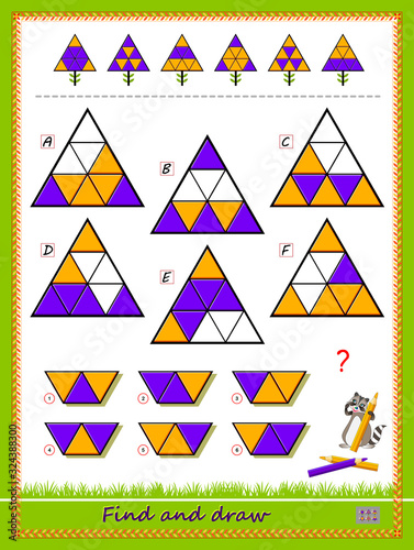Logic puzzle game for children and adults. Find and draw in correct places each part of ornament. Printable page for brain teaser book. Developing kids spatial thinking. Flat vector cartoon image.